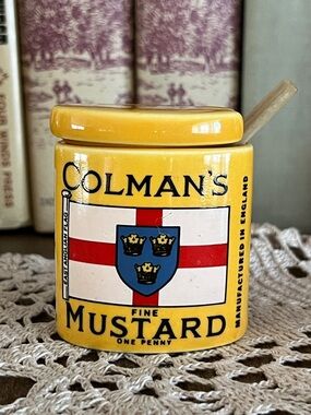 Vintage Ceramic Colman's Mustard Penny Pot with Mustard Spoon
